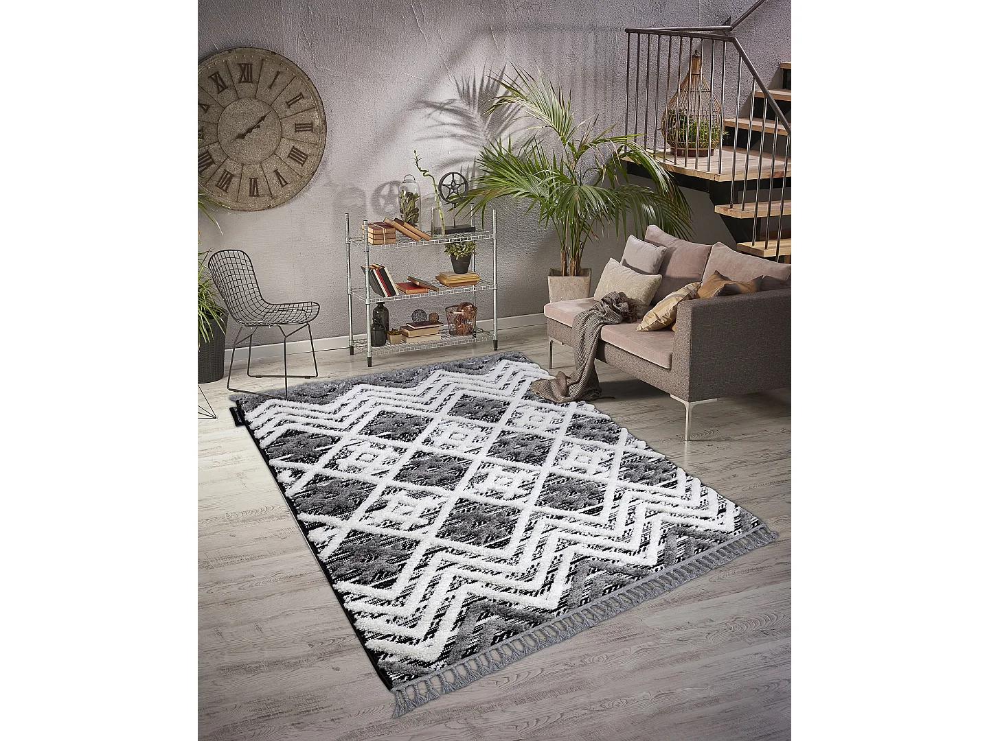 Tapis MAROC P642 Diamants, Zigzag gris / blanc Franges berbère maroca 160x220 cm