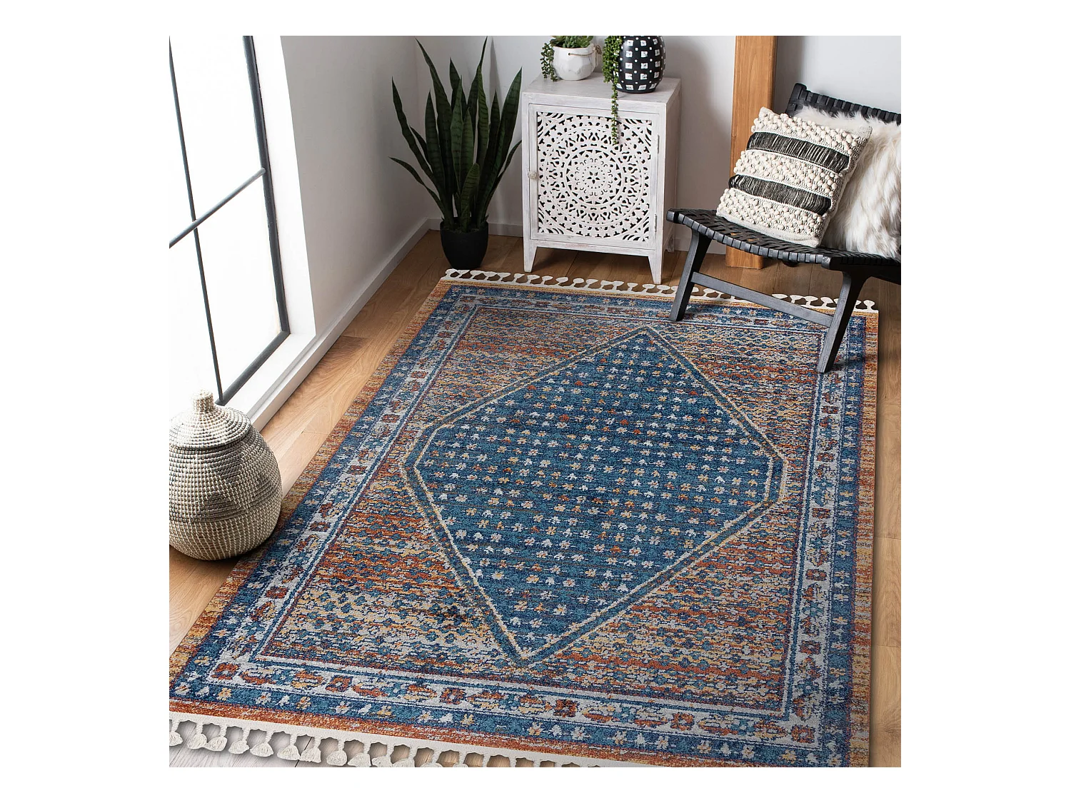 Modern Teppich BELLE BG58A dunkelblau / beige Franse  160x220 cm