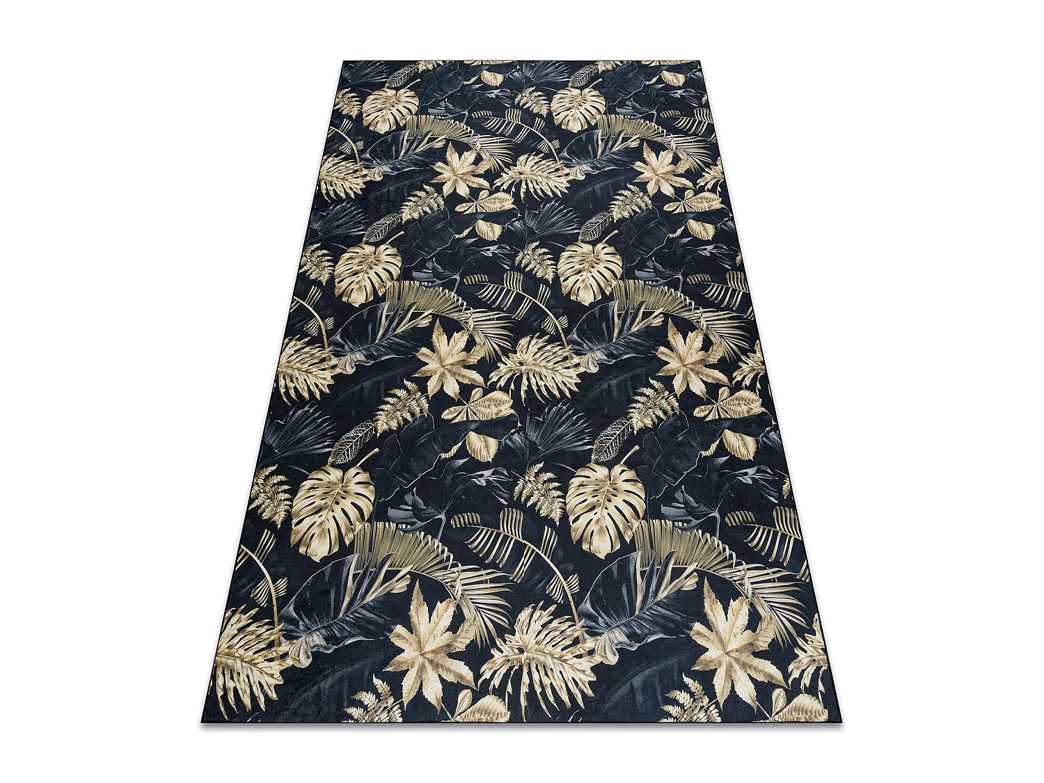 ANDRE 1311 tapijt wasbaar Monstera vertrekt antislip - zwart / goud 160x220 cm