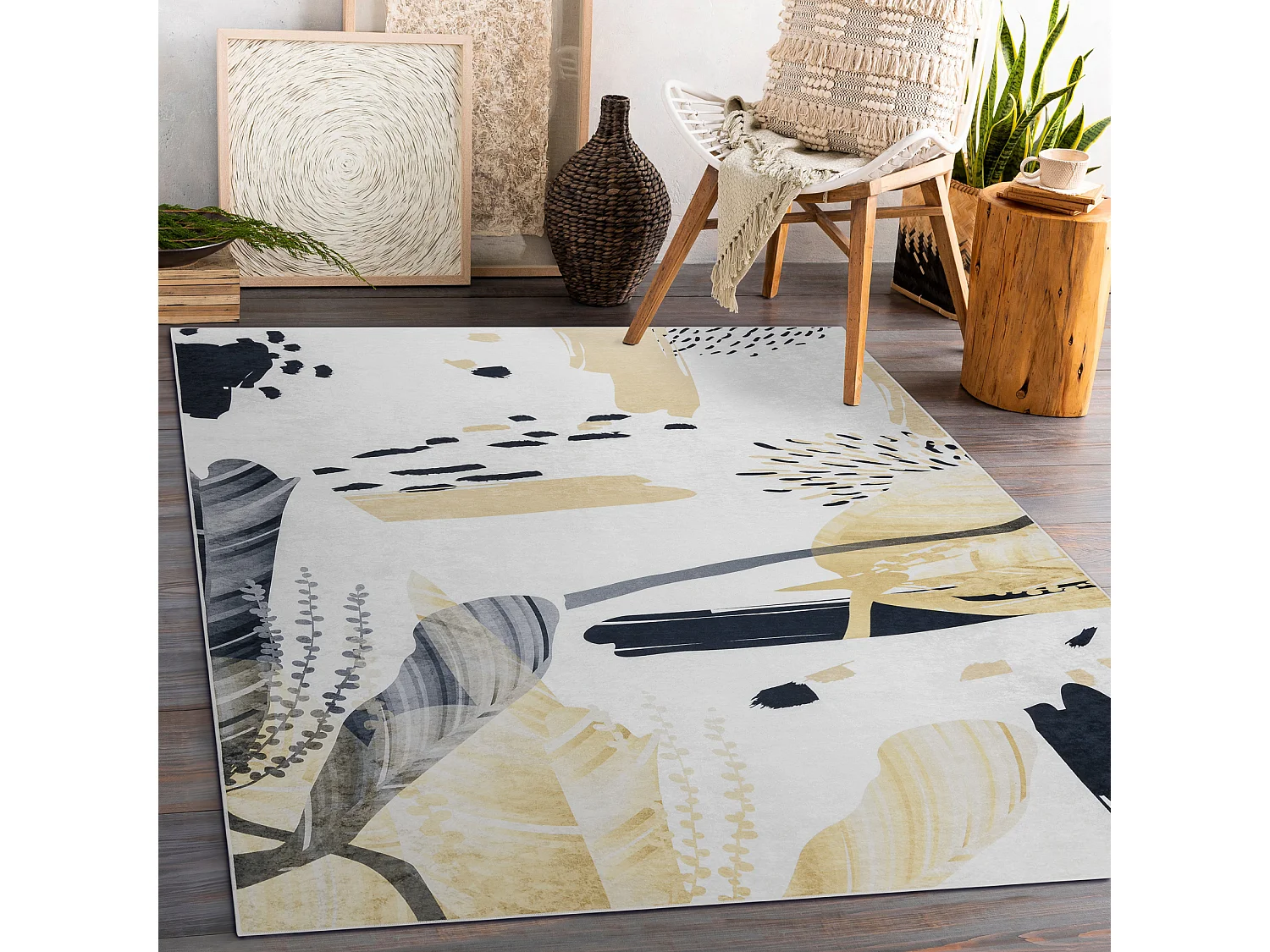 ANDRE 1220 tapijt wasbaar Abstractie antislip - wit / geel 160x220 cm