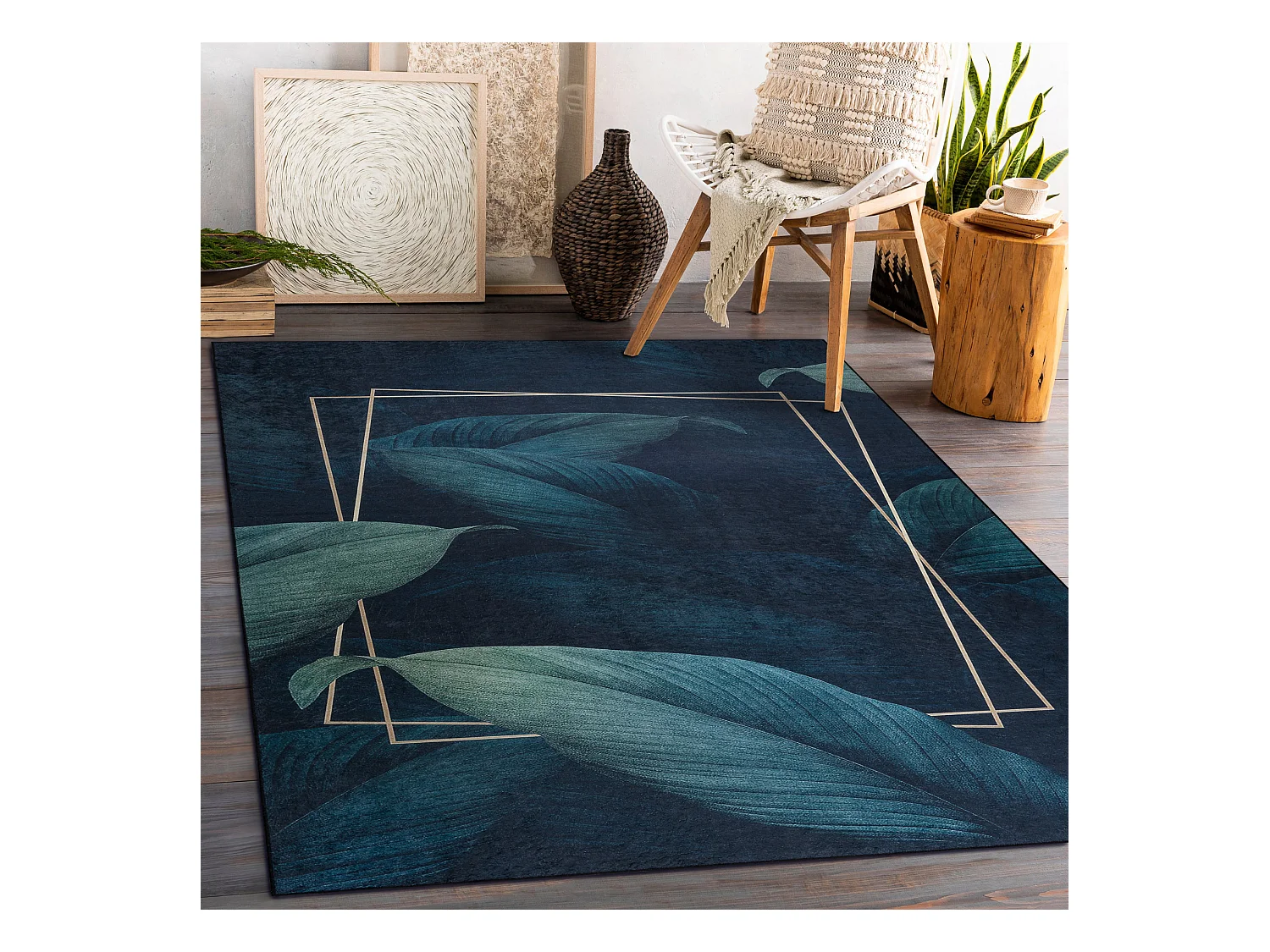 Tapis lavable ANDRE 1170 Feuilles, géométrique antidérapant - bleu 160x220 cm