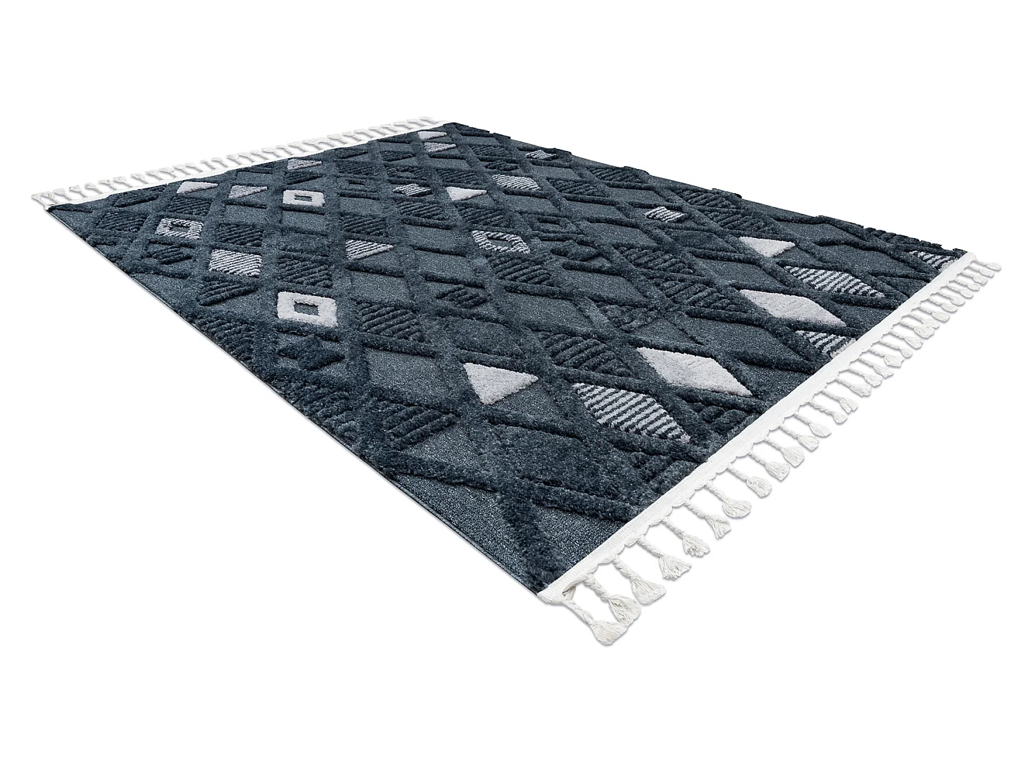 Tapis SEVILLA Y499B treillis, diamants bleu Franges berbère marocain  160x220 cm