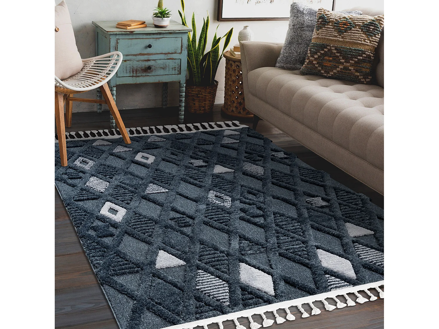 Tapis SEVILLA Y499B treillis, diamants bleu Franges berbère marocain  160x220 cm