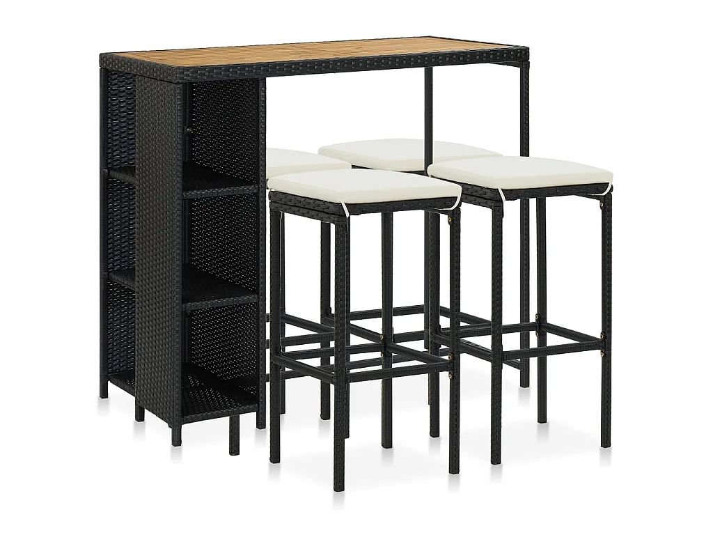 Meuble de bar de jardin 5 pcs et coussins Résine tressée Noir