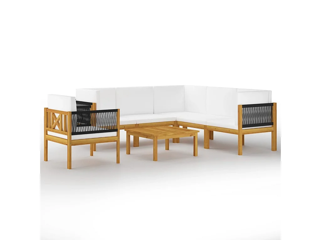 Salon de jardin 7 pcs avec coussins Crème Bois d'acacia solide 3