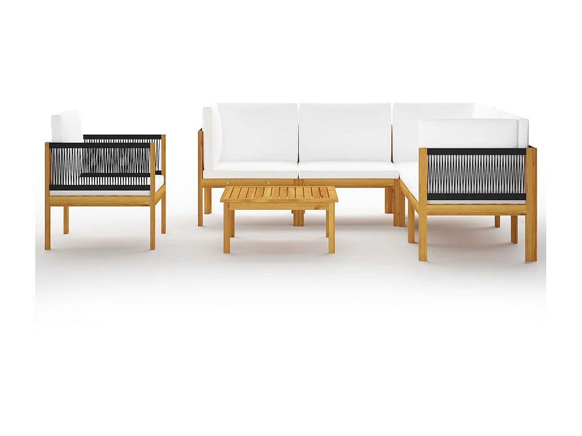 Salon de jardin 7 pcs avec coussins Crème Bois d'acacia solide 3