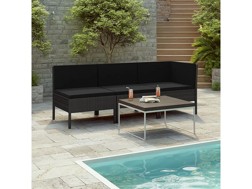 Salon de jardin 3 pcs avec coussins Résine tressée Noir 17