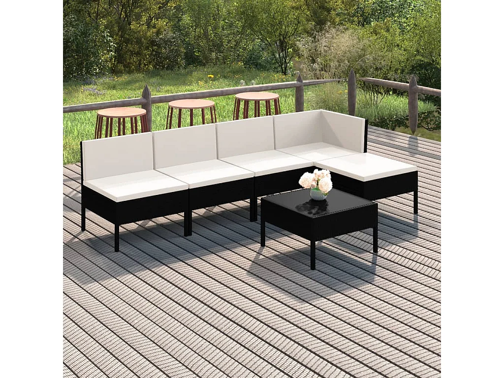 Salon de jardin 6 pcs avec coussins Résine tressée Noir 68