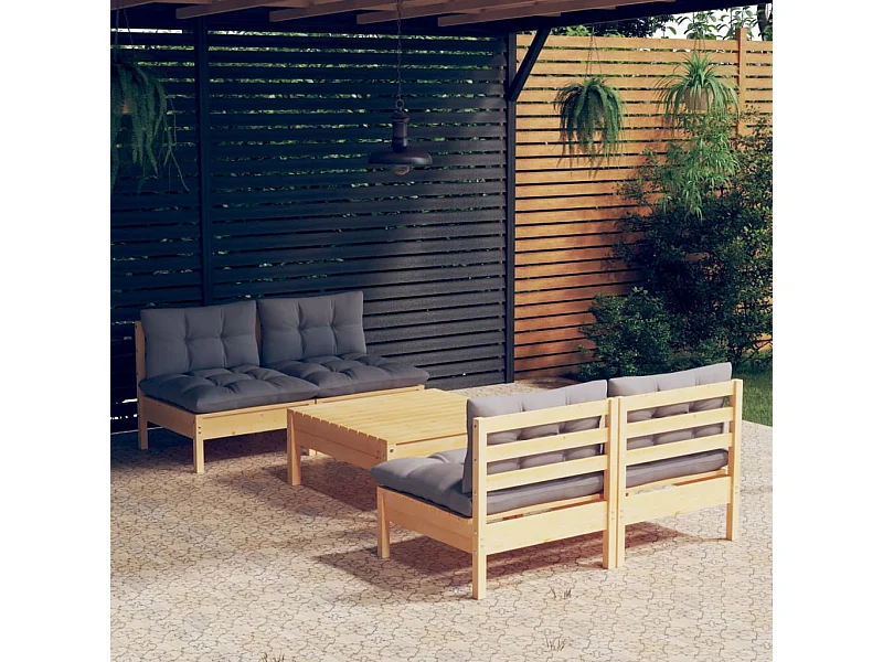 Salon de jardin 5 pcs avec coussins gris Bois de pin