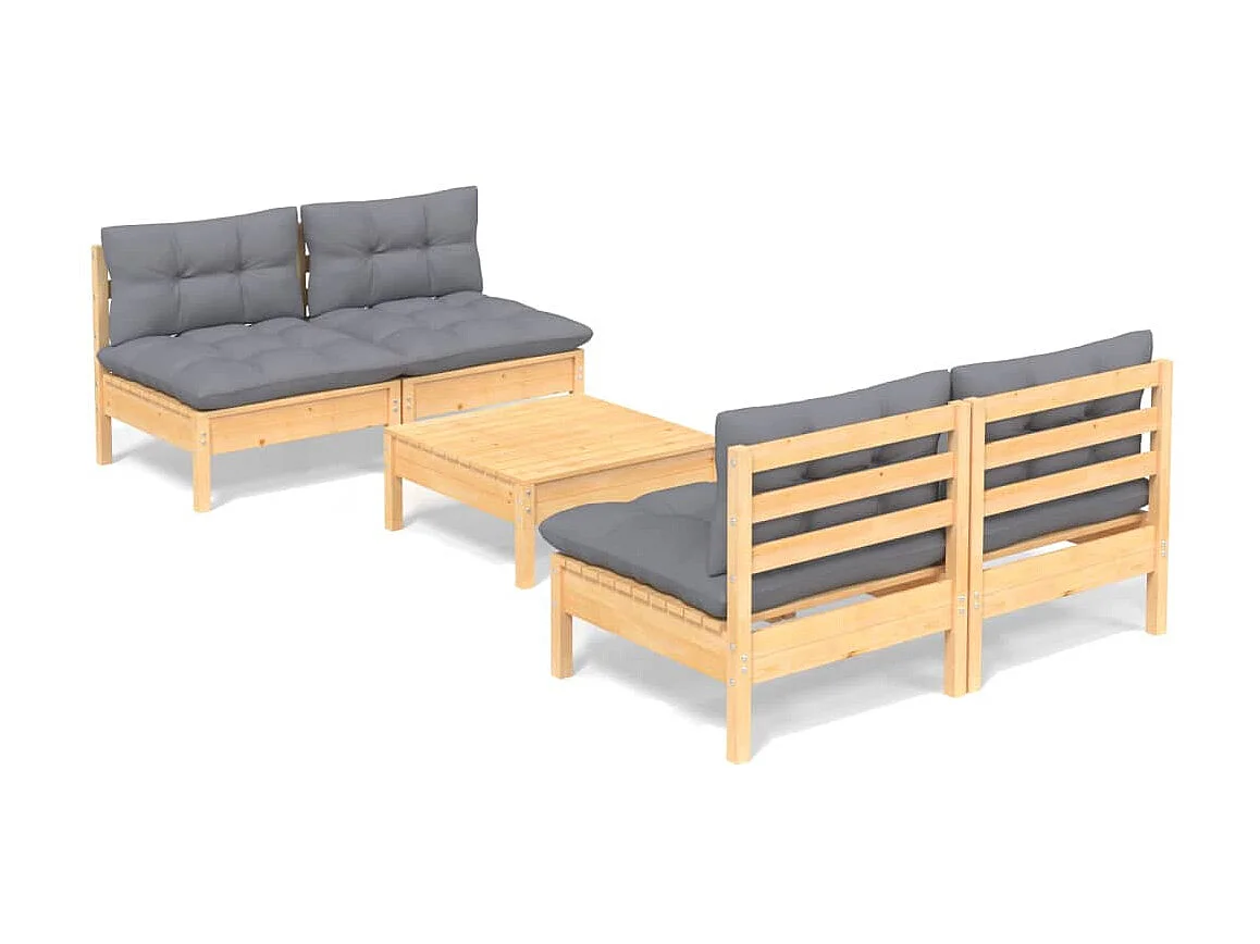 Salon de jardin 5 pcs avec coussins gris Bois de pin