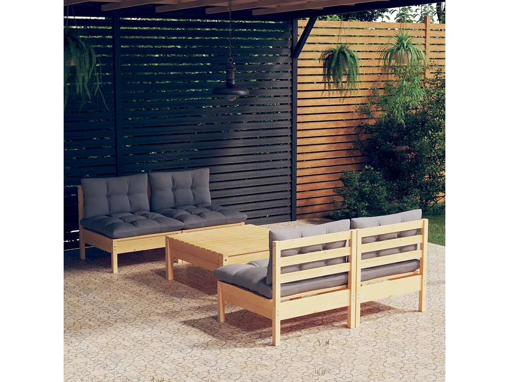 Salon de jardin 5 pcs avec coussins gris Bois de pin