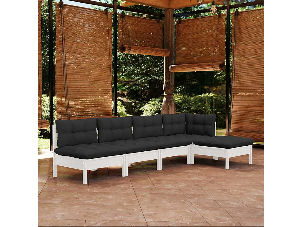 Salon de jardin 5 pcs avec coussins Blanc Bois de pin