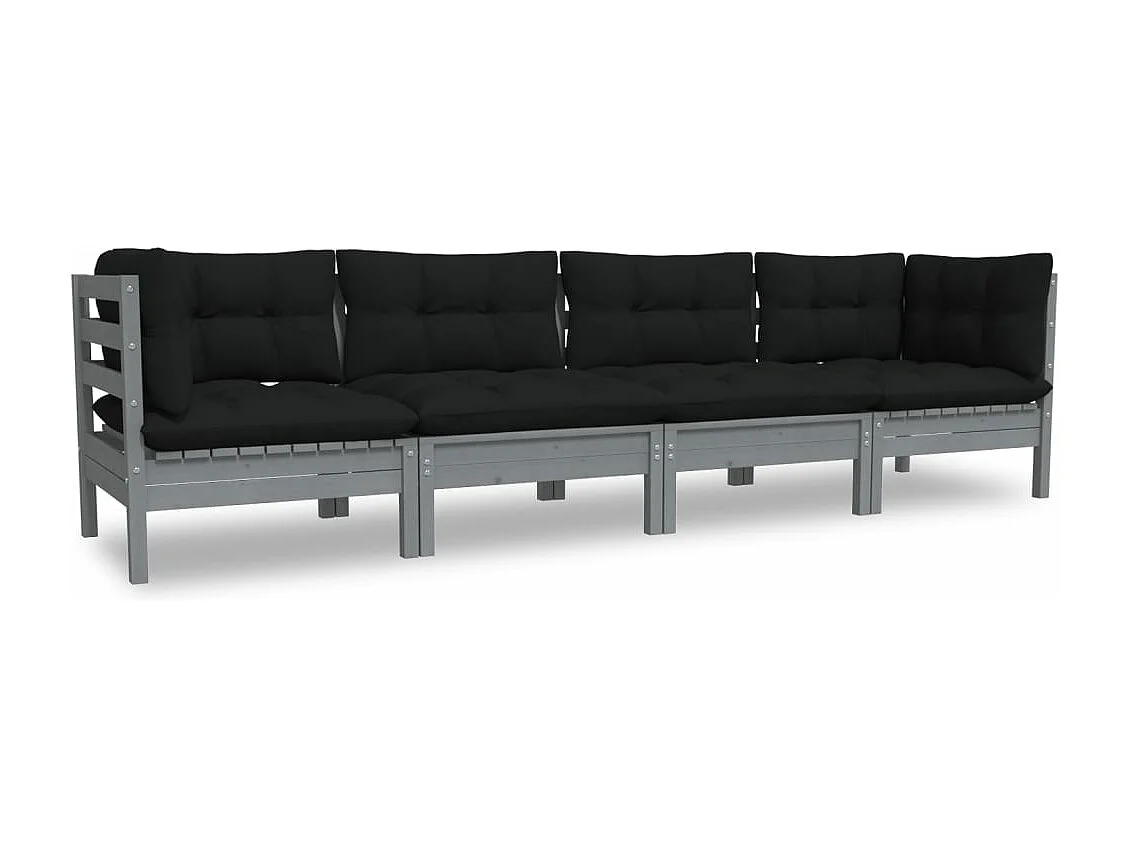 Muebles de jardín 4 piezas con cojines de madera maciza de pino Gris