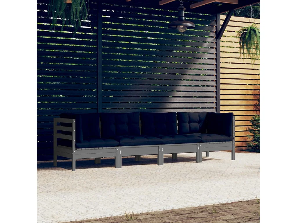 Muebles de jardín 4 piezas con cojines de madera maciza de pino Gris