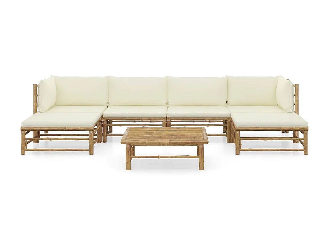 Salon de jardin 7 pcs avec coussins blanc crème Bambou 3