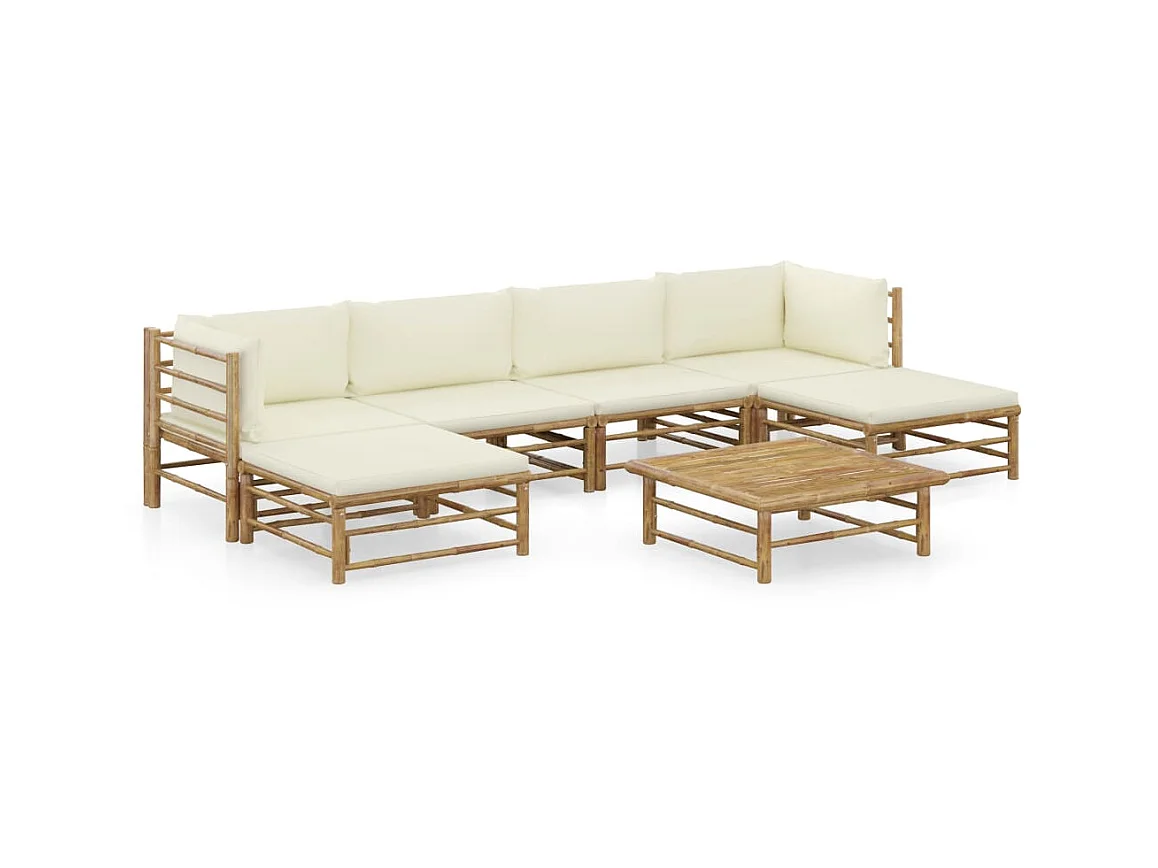 Salon de jardin 7 pcs avec coussins blanc crème Bambou 3