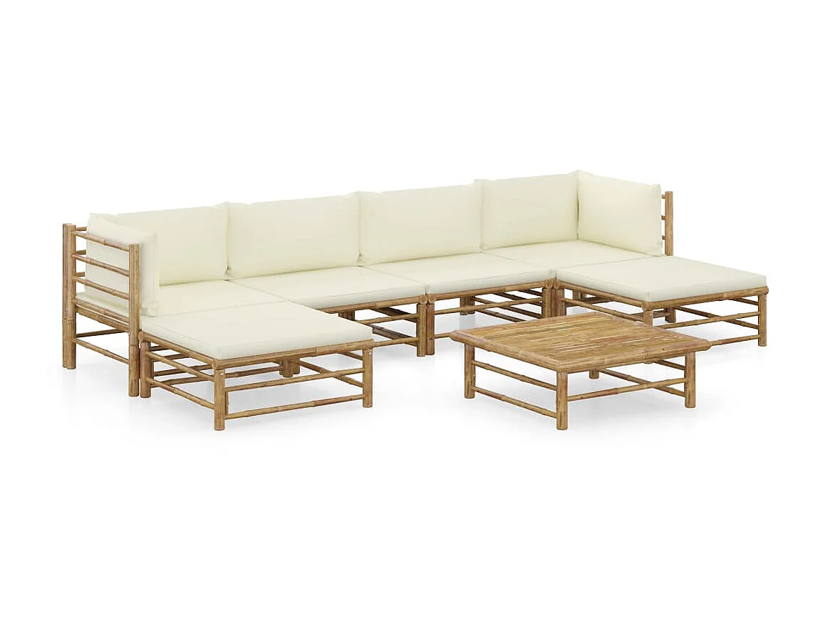 Salon de jardin 7 pcs avec coussins blanc crème Bambou 3