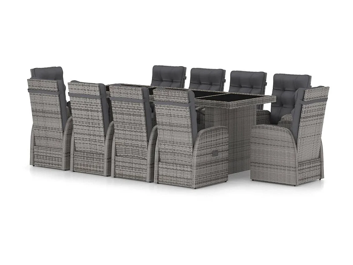 Mobilier à dîner jardin 11pcs avec coussins Résine tressée Gris