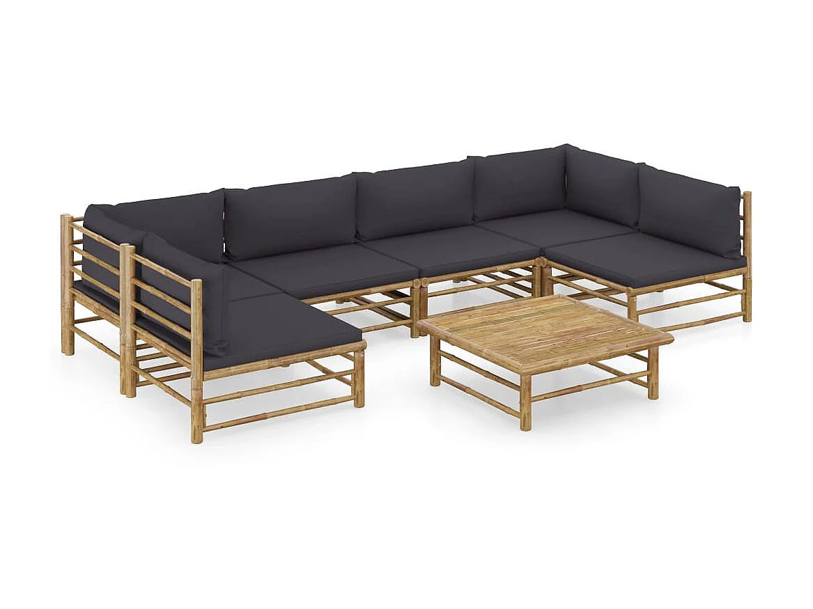 Salon de jardin 7 pcs avec coussins gris foncé Bambou 2