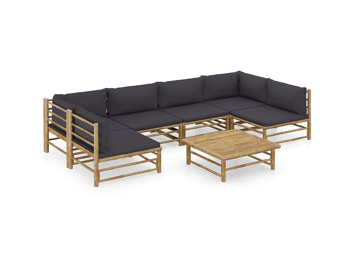 Salon de jardin 7 pcs avec coussins gris foncé Bambou 2