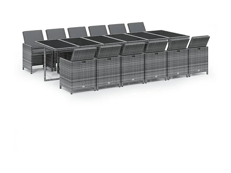 Ensemble à dîner de jardin coussins 13 pcs Résine tressée Gris