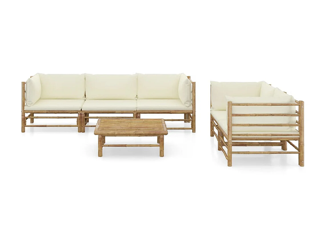 Salon de jardin 6 pcs avec coussins blanc crème Bambou 3