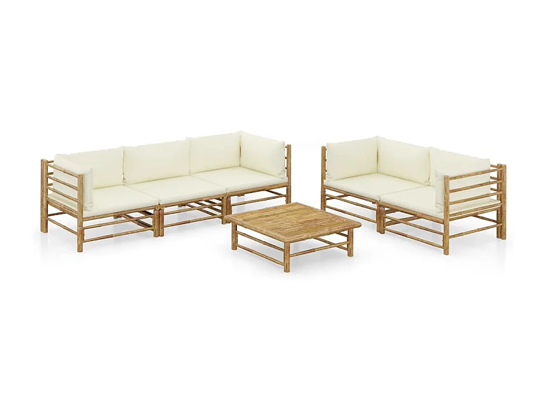 Salon de jardin 6 pcs avec coussins blanc crème Bambou 3