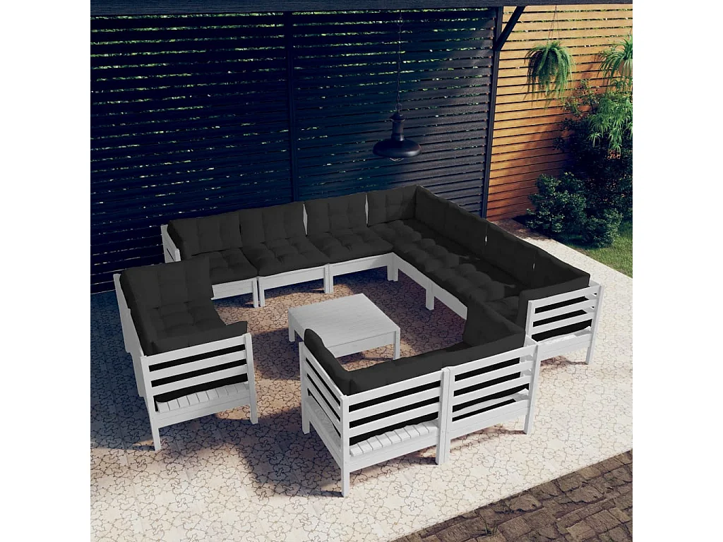 Salon de jardin 12 pcs avec coussins Blanc Bois de pin solide 5