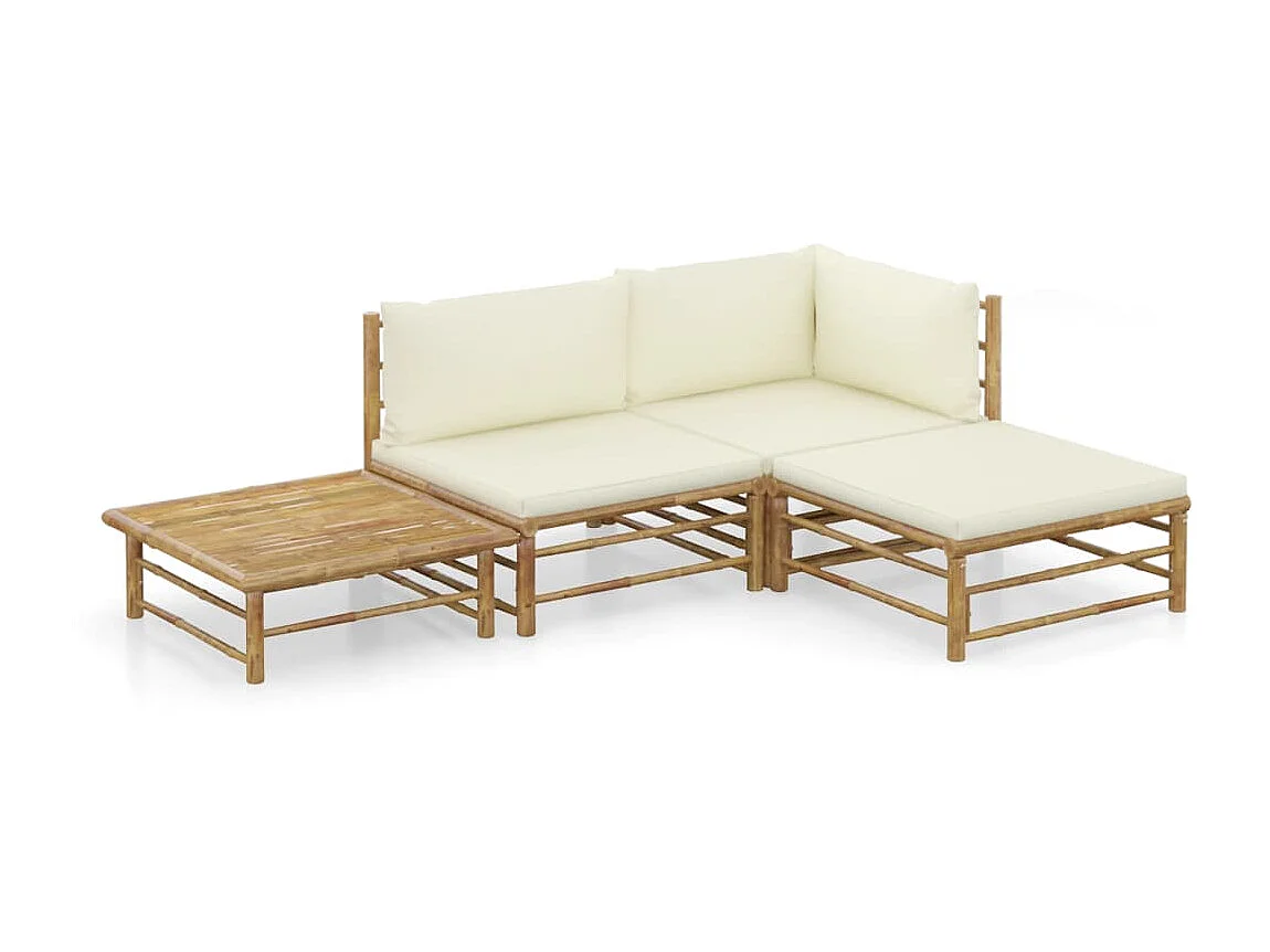 Salon de jardin 4 pcs avec coussins blanc crème Bambou 2