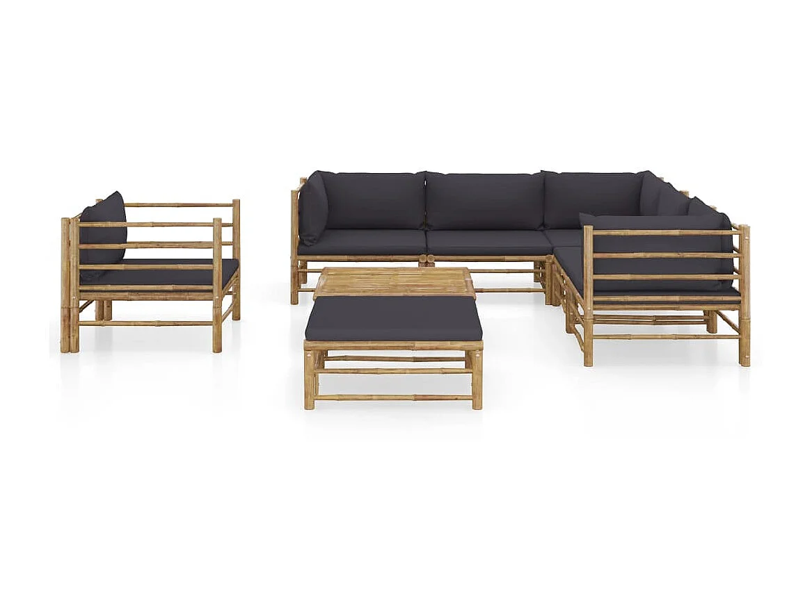 Salon de jardin 8 pcs avec coussins gris foncé Bambou