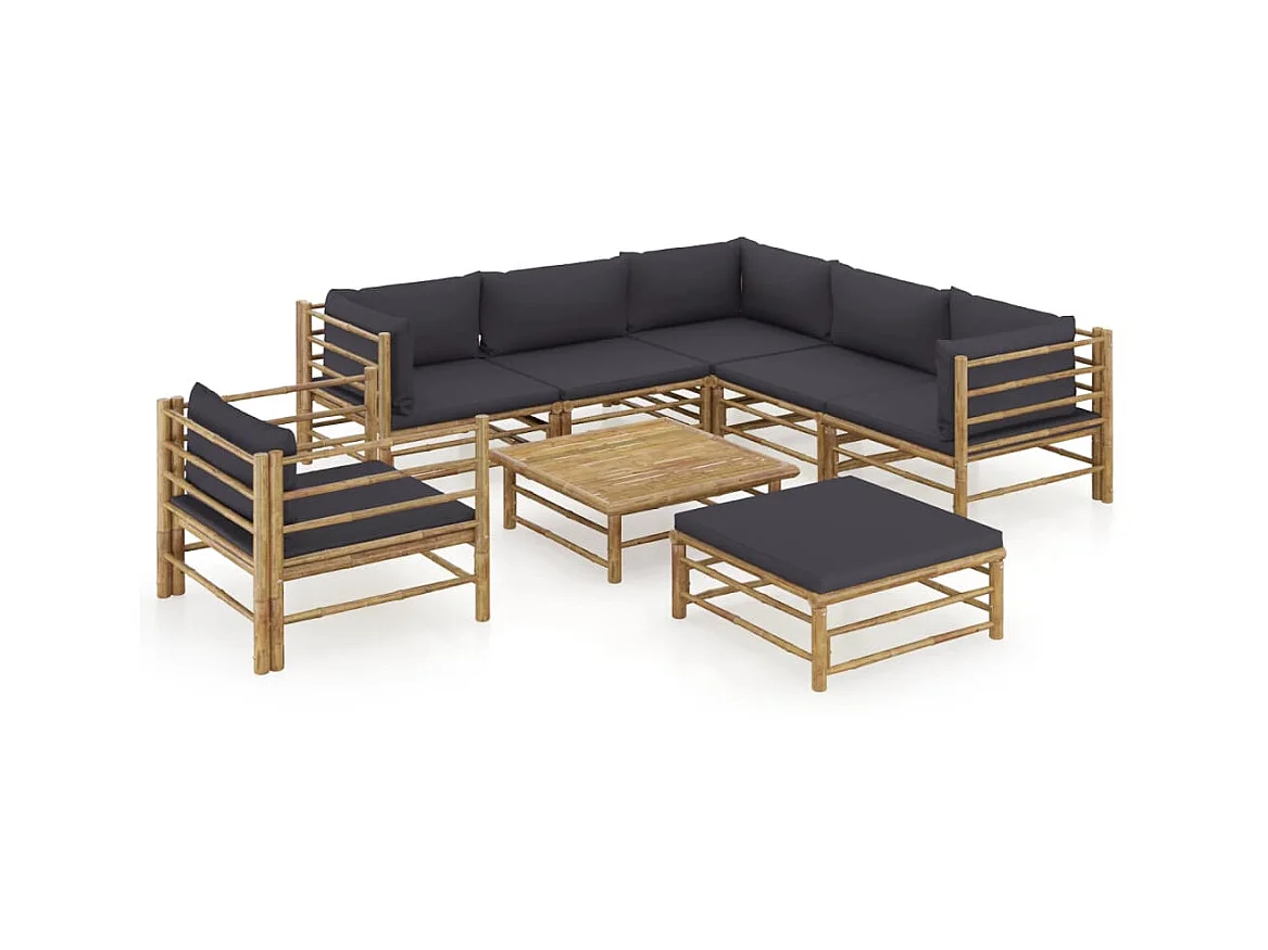 Salon de jardin 8 pcs avec coussins gris foncé Bambou