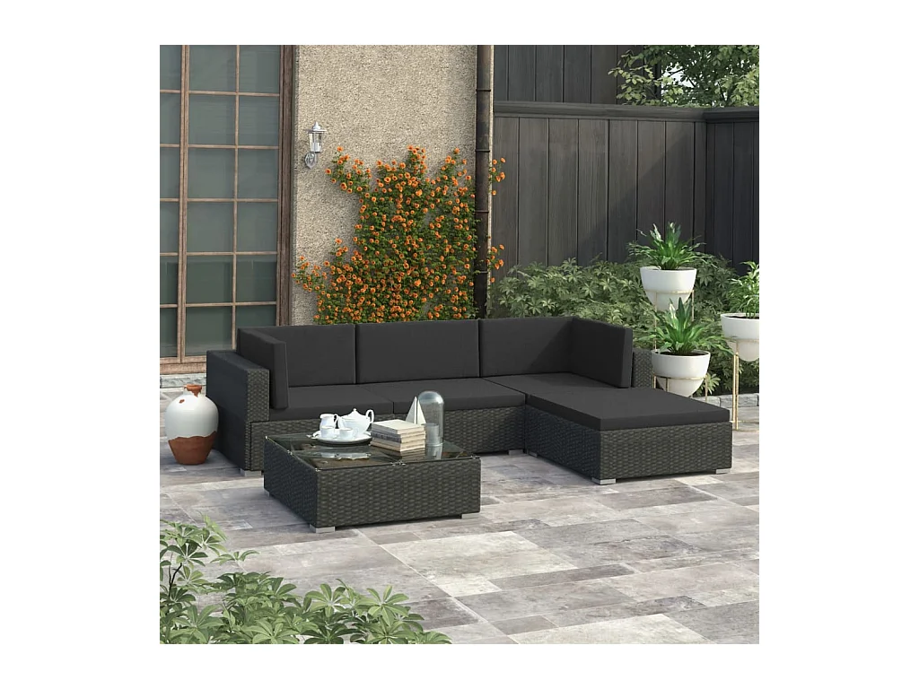 Salon de jardin 5 pcs avec coussins Résine tressée Noir 13