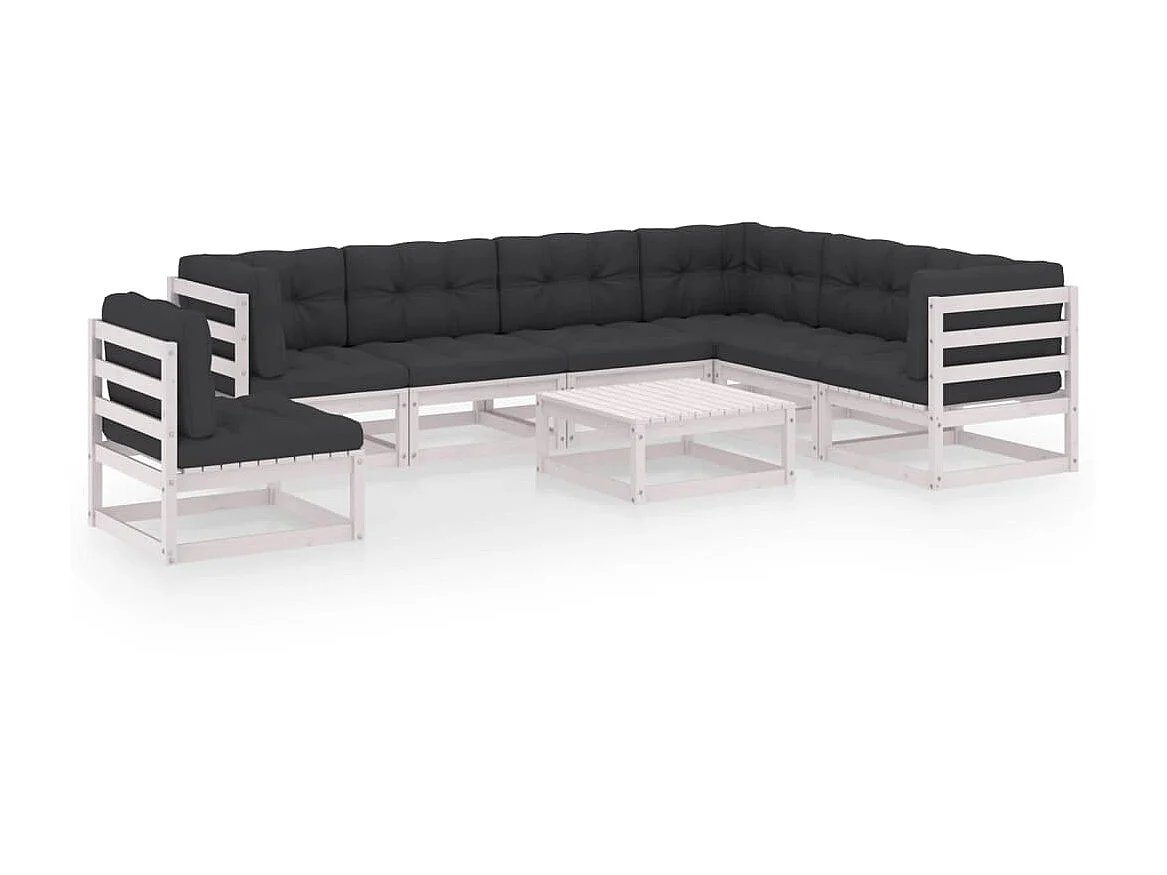Salon de jardin 8 pcs avec coussins Blanc Bois de pin massif 3