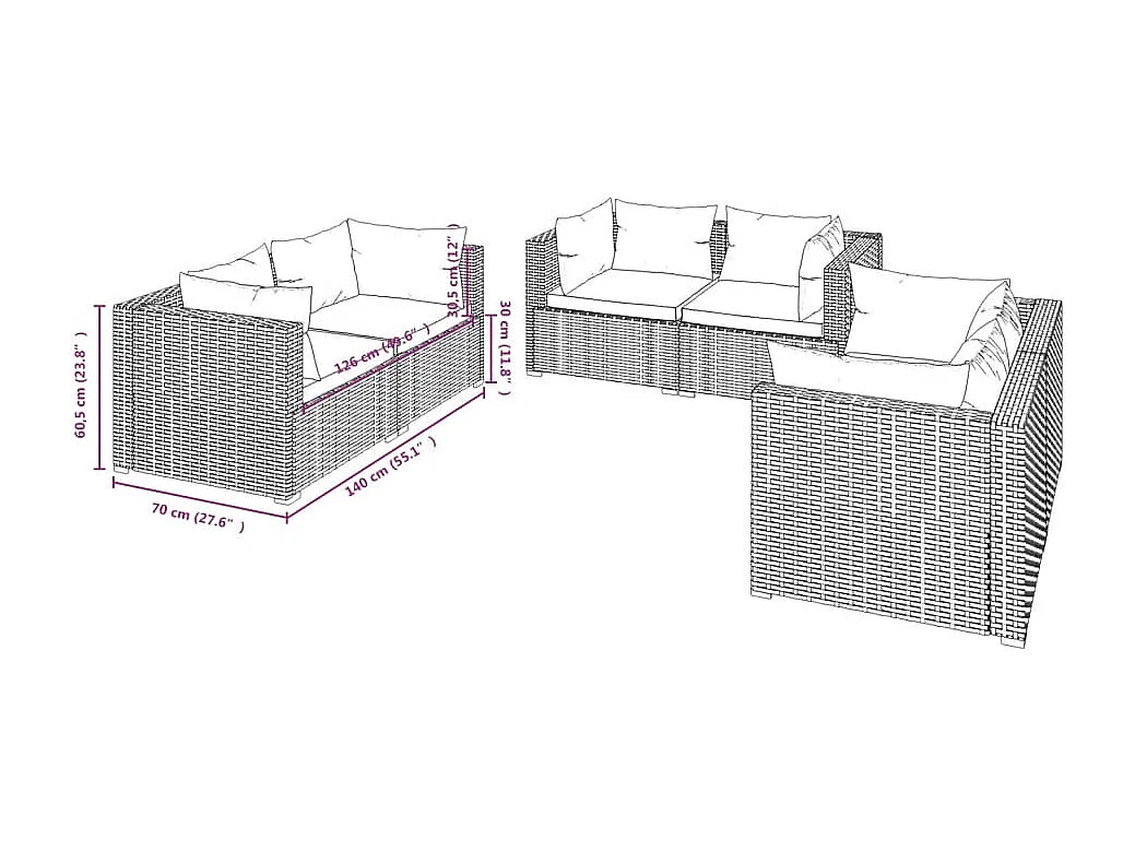 Salon de jardin 6 pcs avec coussins Résine tressée Marron 19