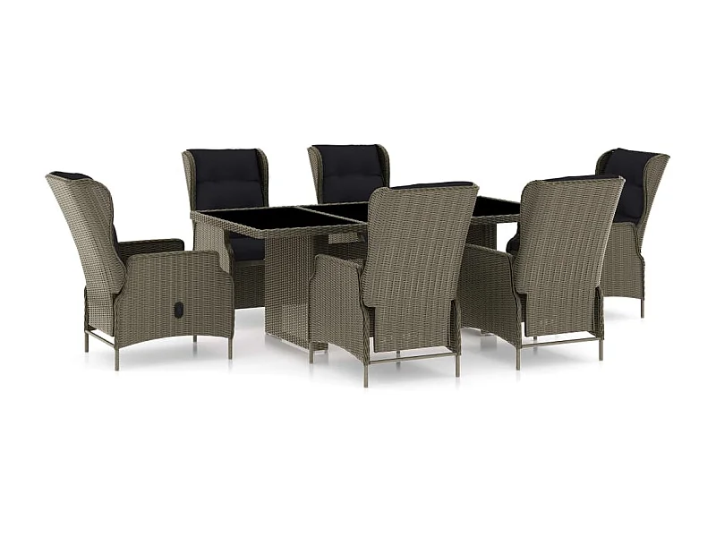 Mobilier à dîner jardin 7 pcs et coussins Résine tressée Marron