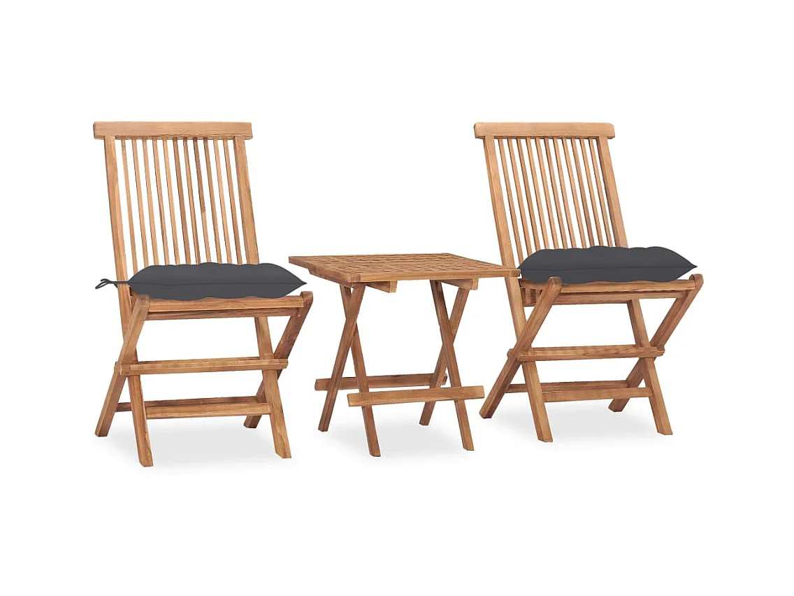 Mobilier à dîner d'extérieur pliable avec coussin 3 pcs Teck 45