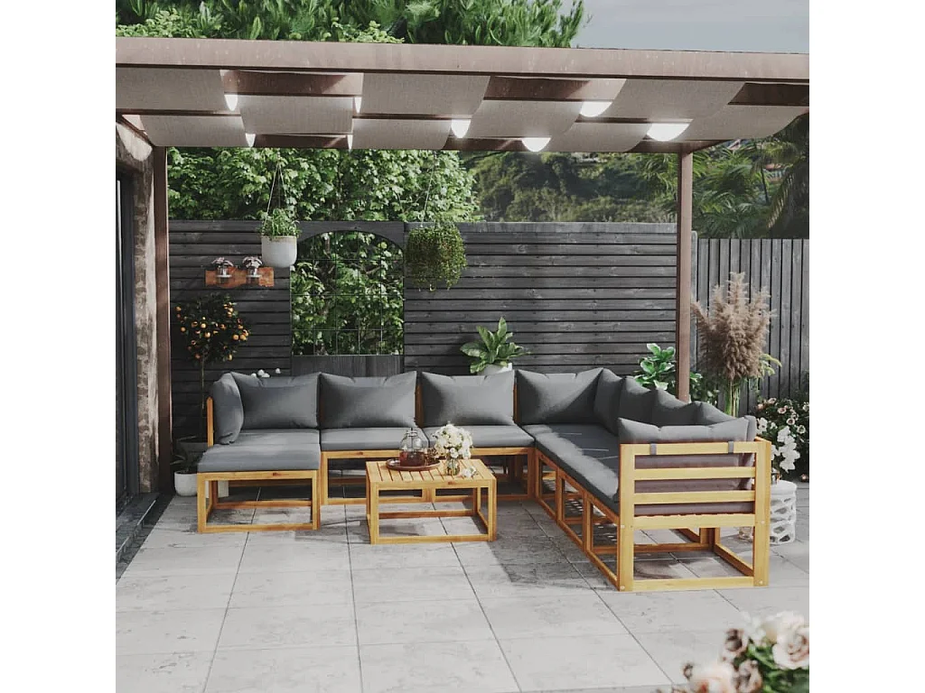 Salon de jardin 9 pcs avec coussin Bois d'acacia solide 6