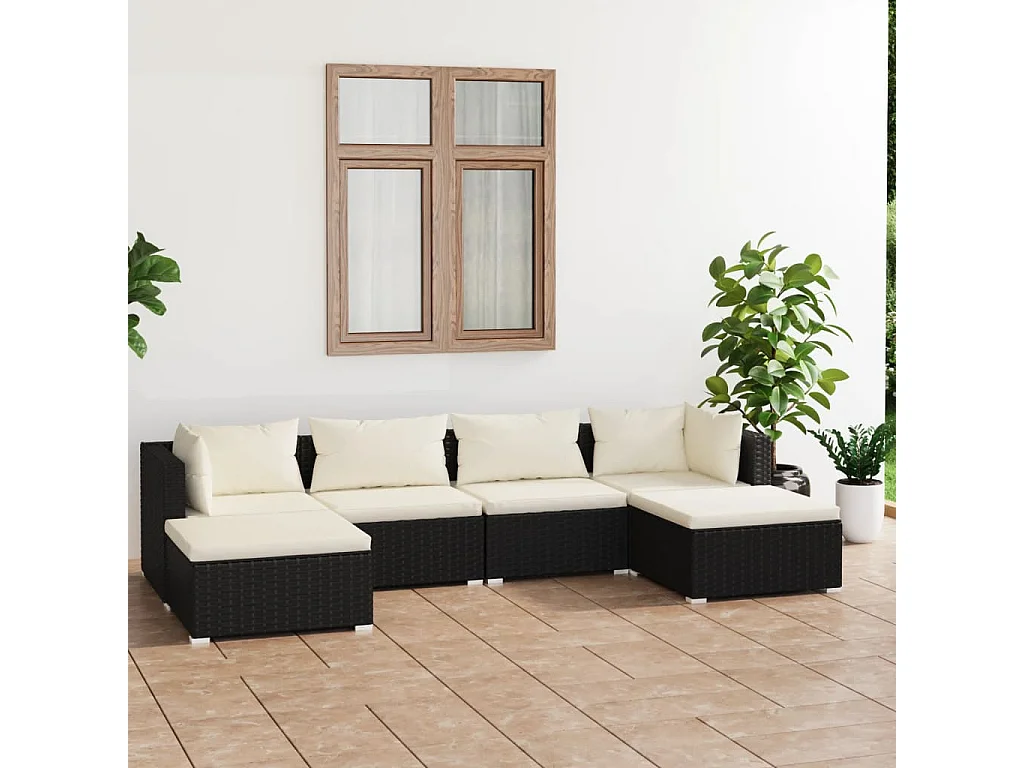 Salon de jardin 6 pcs avec coussins Résine tressée Noir 19