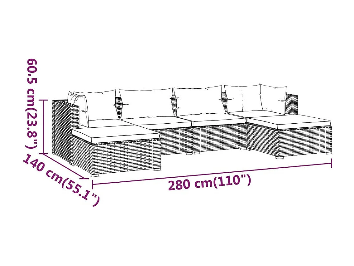 Salon de jardin 6 pcs avec coussins Résine tressée Noir 19