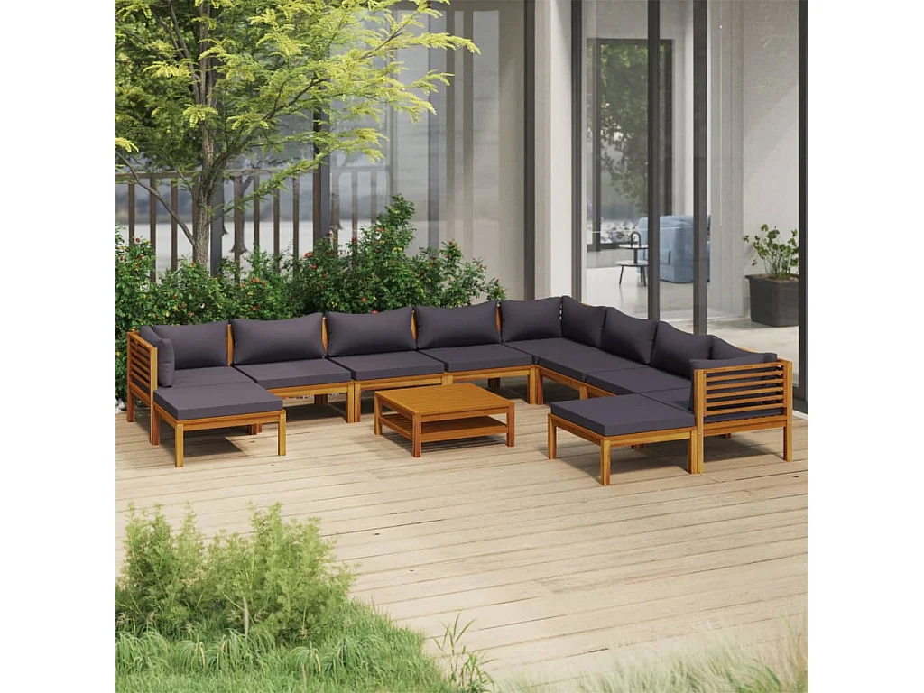Salon de jardin 11 pcs avec coussin Bois d'acacia solide 2