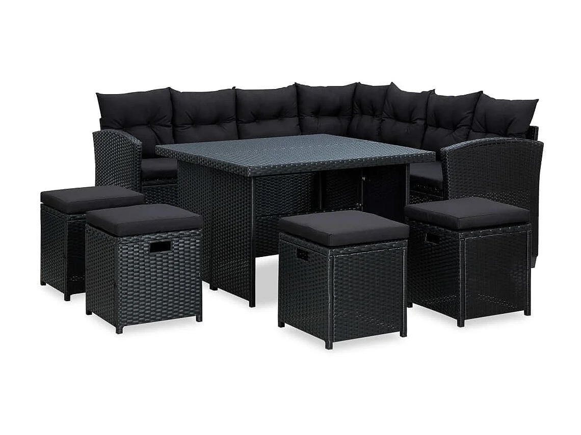 Salon de jardin 6 pcs avec coussins Résine tressée Noir 55