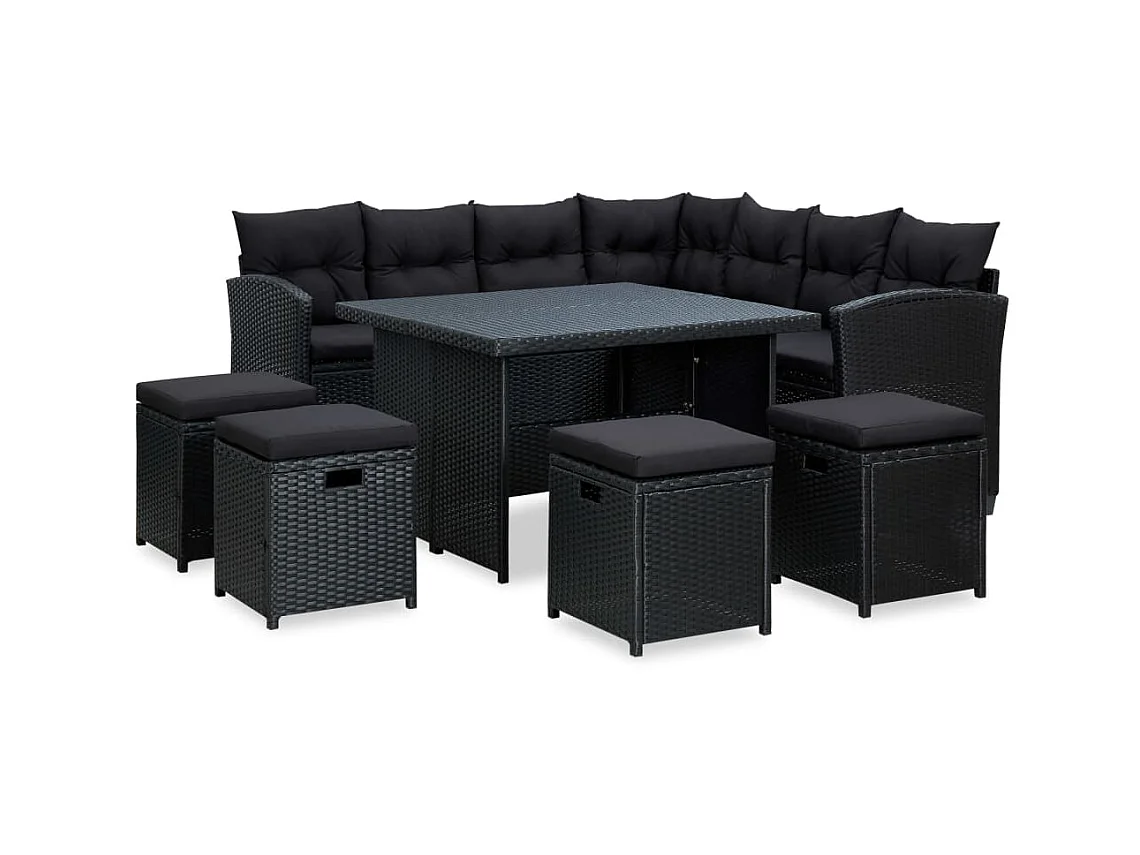 Salon de jardin 6 pcs avec coussins Résine tressée Noir 55