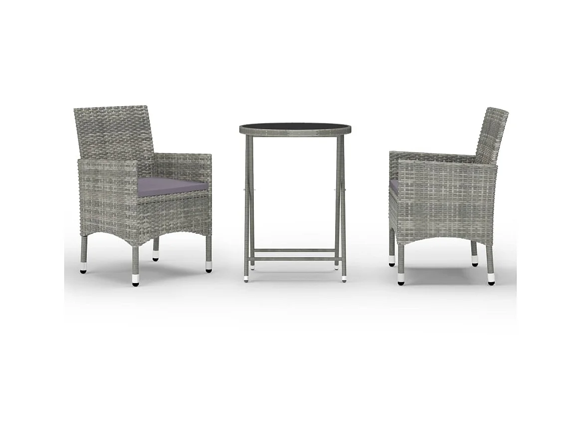 Ensemble de bistro 3 pcs Résine tressée et verre trempé Gris