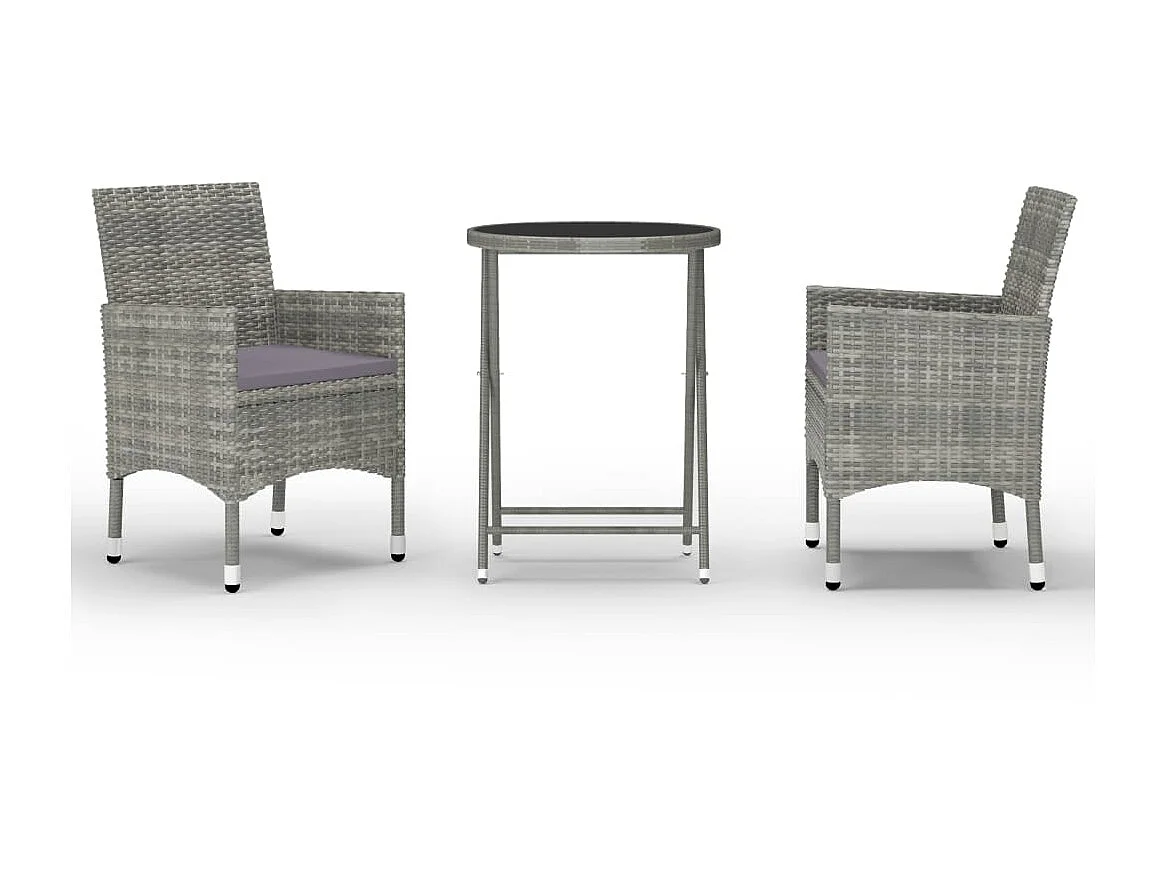 Ensemble de bistro 3 pcs Résine tressée et verre trempé Gris