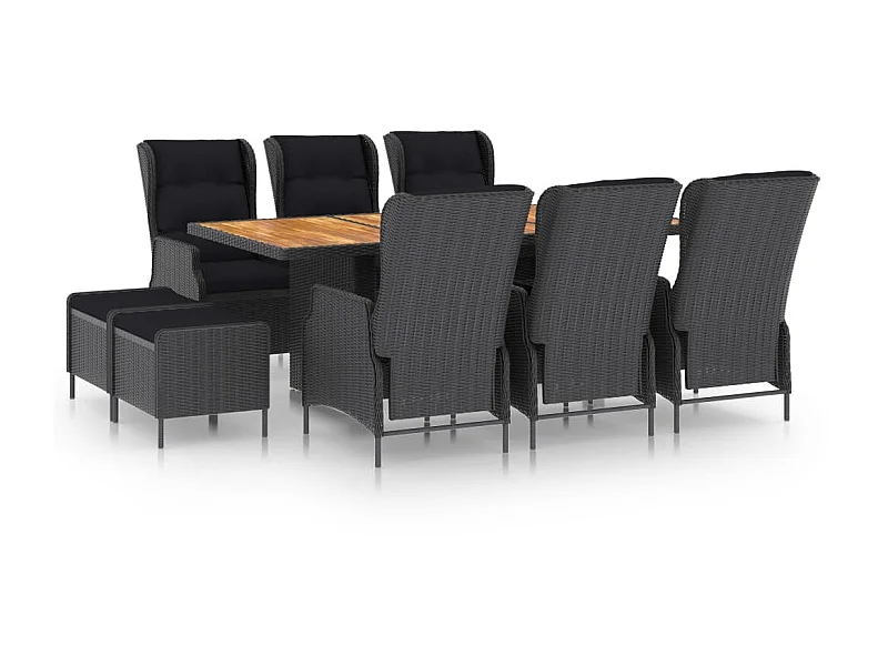 Mobilier à dîner 9 pcs avec coussins Résine tressée Gris foncé 9