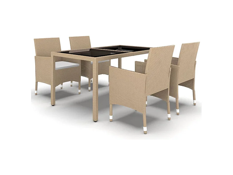 Mobilier à dîner jardin 5 pcs Résine tressée verre trempé Beige
