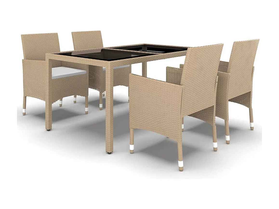 Mobilier à dîner jardin 5 pcs Résine tressée verre trempé Beige