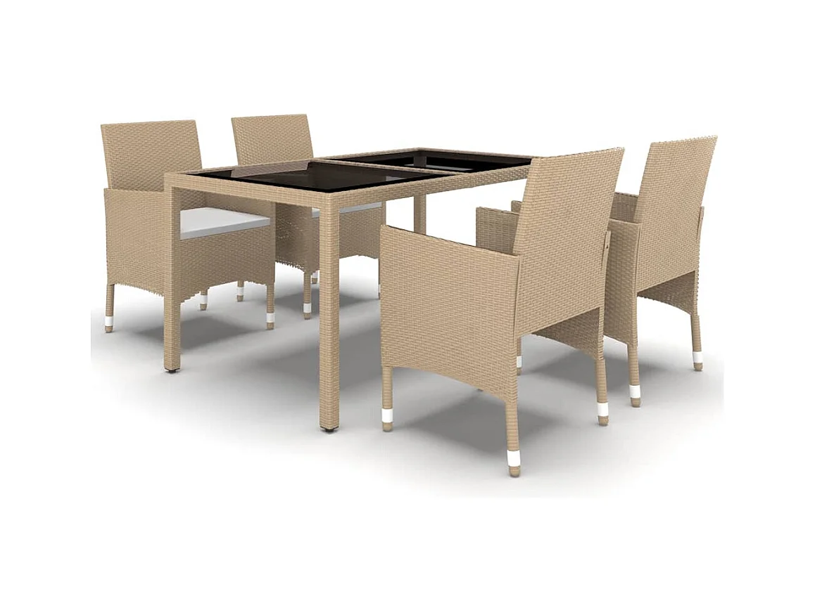 Mobilier à dîner jardin 5 pcs Résine tressée verre trempé Beige