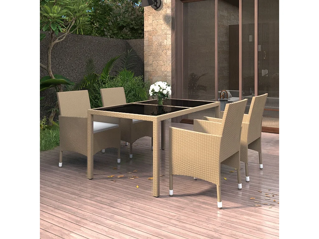 Mobilier à dîner jardin 5 pcs Résine tressée verre trempé Beige