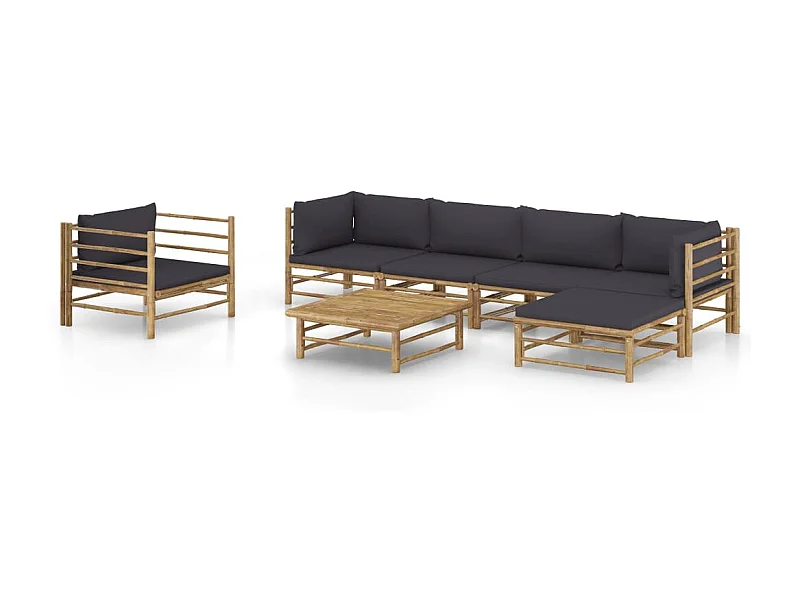 Salon de jardin 7 pcs avec coussins gris foncé Bambou